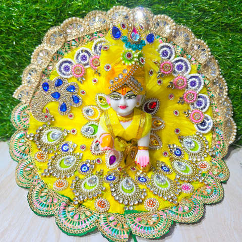 Premium Yellow Peacock Designer Laddu Gopal Poshak with Mukut & Mala